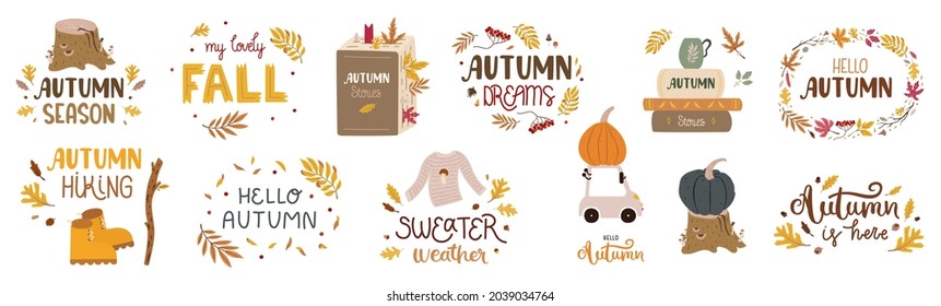 Gran conjunto de letras a mano e ilustraciones de moda sobre otoño - corona de hojas caídas, calabazas, libros, suéter, botas de senderismo, etc. Decoración de doodles. Vector aislado en blanco.