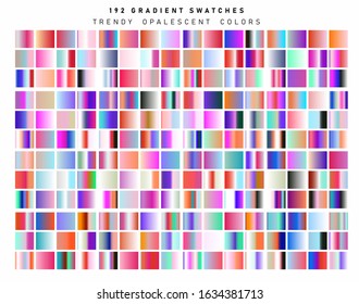 Big set of trendy holographic gradient swatches. Opalescent neon gradient collection for web design and art.