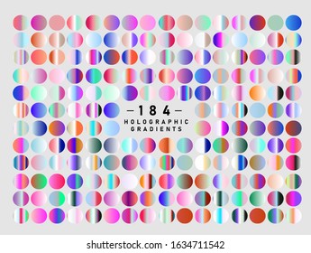 Big set of trendy holographic gradient swatches. Opalescent neon gradient collection for web design and art.