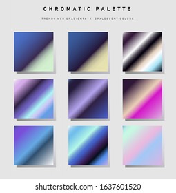Big set of trendy holographic swatches. Vaporwave retro nostalgic palette with chromatic gradients.