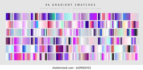 Big set of trendy holographic swatches. Vaporwave retro nostalgic palette with chromatic gradients.