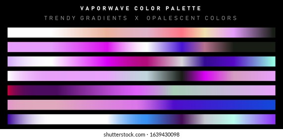 Big set of trendy holographic swatches. Vaporwave retro nostalgic palette with chromatic gradients.