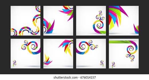 Big set trendy rainbow illustration backgrounds, placards with abstract rainbow shapes, design elements. Retro art for covers, banners, posters. 