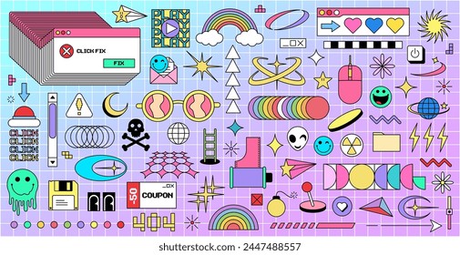 Big set of trendy retro elements. Fun y2k style graphic elements bundle in trendy retro 90s cartoon style. Flat abstract retro shapes pack for poster design. Vector illustration 