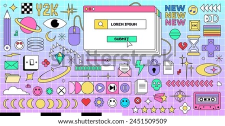 Big set of trendy retro elements. Fun y2k style graphic elements bundle in trendy retro 90s cartoon style. Flat abstract retro shapes pack for poster design. Vector illustration 
