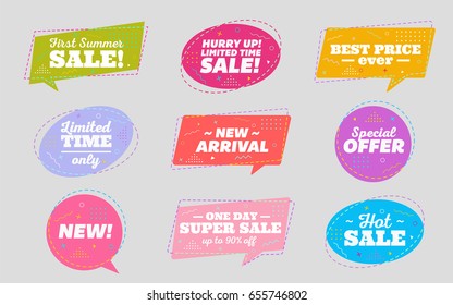 Big Set of Trendy Sale Geometric Bubbles. Flat Shapes. Bright Retro Background with Memphis Style Pattern. Hot Sale Tag, Special Offer Label, Best Price Badge, New Summer Collection. 