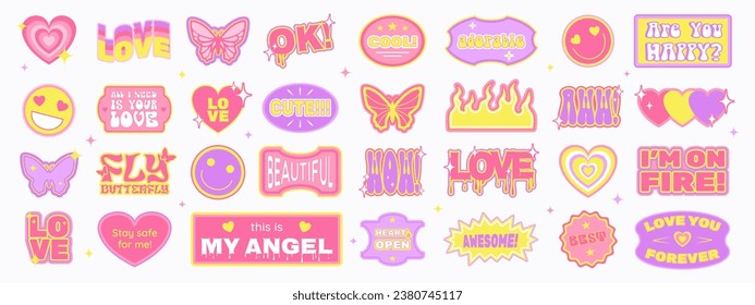Big set of trendy stickers and badges in retro Y2K aesthetics, Valentine's Day cheering labels with short phrases, vector illustration.
