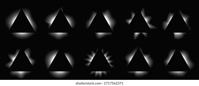 Big set of triangle illuminate frames with gradient. Ten white neon banners isolated on black background. Vector illustration