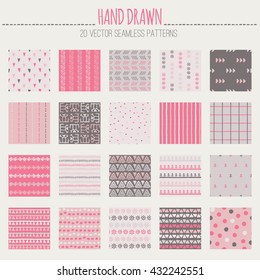Big set of tribal seamless pattern with archaic geometric ornament. Primitive ethnic style with hand drawn endless texture. Desaturated romantic color palette (red, pink, off-white, brown)