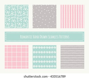 Big set of tribal seamless patterns with archaic geometric ornament. Primitive ethnic style with hand drawn endless texture. Pastel romantic color palette (pink, green, brown)