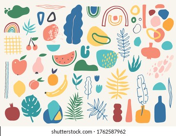 Big set of tropic leaves, fruits, pottery and abstract shapes in modern contemporary collage style.