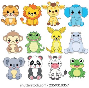 Big set of tropical animals. Cute wild animals. Animals include tiger, lion, , giraffe, baby elephant, monkey, kangaroo, koala, panda, koala and zebra. Vector illustration.