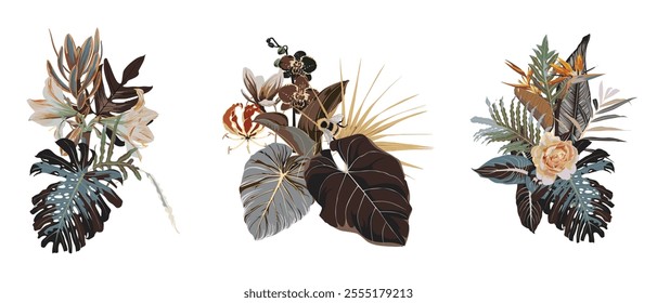 Big set of tropical flowers and plants. Bouquet of flowers vector. Exotic, jungle, tropic in blue brown tones.