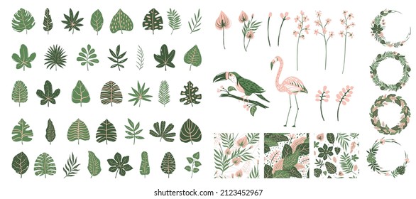 Big set of tropical leaves, flowers, birds, wreaths and patterns in hand drawn style