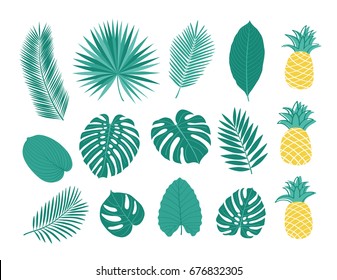 Big set of tropical leaves and pineapples. Sketch, floral elements for your design. Vector illustration.