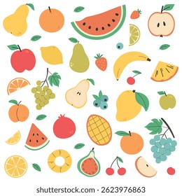  Big set of tropical and summer fruits icons. Apple, pear, watermelon, mango, lemon, pomegranate, orange, banana, orange slices, grapes, cherry. Flat vector illustration. Healthy lifestyle concept.