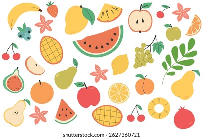 Big set of tropical and summer fruits. Healthy lifestyle concept. Apple, pear, watermelon, mango, lemon, pomegranate, orange, banana, orange slices, grapes, cherry. Flat vector illustration.