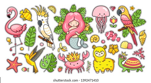 Big set of tropical summer stickers with gorgeous mermaid, cute jellyfish, pink flamingo, alpaca, colibri, cockatoo, macaw, turtle, crab in the crown. Kawaii cartoon characters. Vector illustrations.