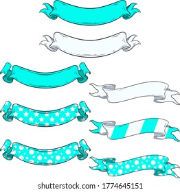 Big set of turquoise blue and white solid color, striped, dotted and starry ribbon banners. Vector illustrations of decorative elements for your vibrant designs.