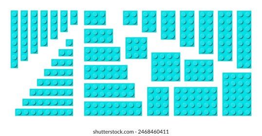 Big set of turquoise plastic building toy blocks. Simple vector collection of childrens bricks. Abstract vector illustration isolated on a white background