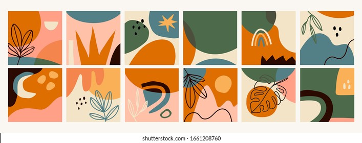 Big Set of Twelve abstract backgrounds. Hand drawn various shapes and doodle objects. Contemporary modern trendy Vector illustrations. Every background is isolated. Pastel colors
