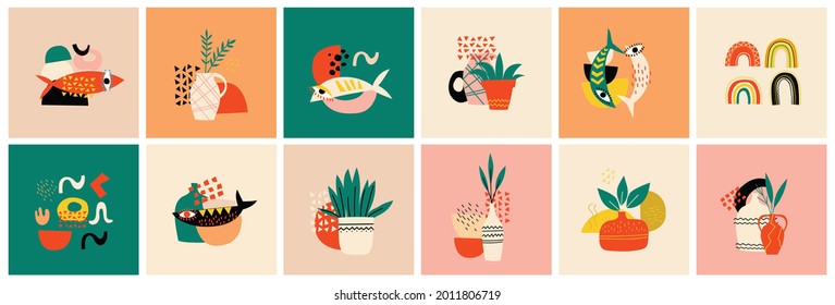 Big Set of Twelve abstract backgrounds. Hand drawn various shapes, fishes and doodle objects. Contemporary modern trendy Vector illustrations, isolated background. Pastel colors