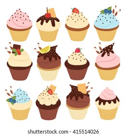 big set with twelve cute simple cupcakes with different toppings. can be used like stickers or for greeting cards and party invitations