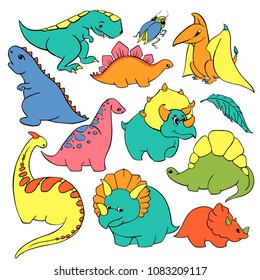 Big set of twelve elements funny kind children's cartoon dinosaurs tyrannosaurus, pterodactyl, diplodocus, triceratops.  hand-drawn vector character illustration. 