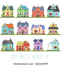 big set of twelve vector illustration of cute colorful houses. vector flat buildings illustration