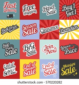 Große Menge Typografie zum Verkauf und Promotion im Retro-Stil mit Sonnenburst-Hintergrund, für Website, Poster, Banner im Business