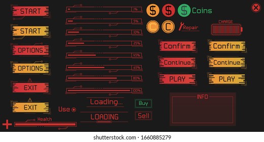 Big set of UI and HUD elements in digital & cyberpunk style. Isolated. Including start, options, exit, confirm, continue, play buttons. Loading and health bar. Coin, repair, charge, buy, use icons.