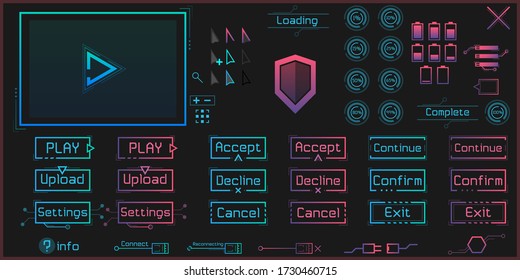 Big set of UI and HUD elements in digital & cyberpunk style. Isolated. Including play, upload, settings, accept, decline, exit buttons. Loading circle. Cursor, battery, circuits, shield, server icon.