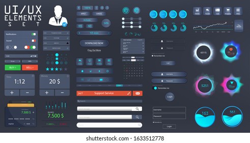 Big set UI, UX, KIT for web design and mobile app with different buttons, icons, charts, bars, menu, search, tabs and other. Template for websites and applications. UI vector elements in Flat style.