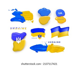 Big set of Ukraine flag. Flag of Ukraine brush stroke. National symbol. Square, round and heart shape. Creative concept templates Ukrainian flag symbol. Blue and yellow vector illustration.