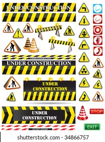 big set of under construction and fire safety signs and symbols