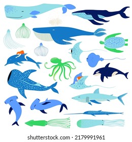 Big set of underwater animal illustrations. Whale, shark, stingray, dolphin, squid, jellyfish, octopus, turtle and hammer fish.