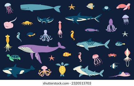 Big set with underwater inhabitants. Marine animals in flat style.