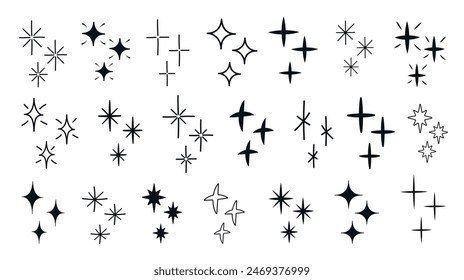 Big Set of uneven dynamic black stars of different shapes and types, hand drawn doodle on a white background. Isolated grunge elements for presentation, cards, business, study. Vector Eps10