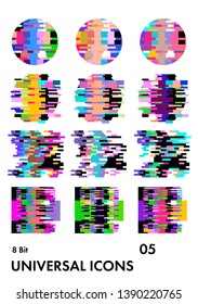 Big set of universal icons for graphic design. Glitched circle and square frames with distorted and distressed pixelated texture.