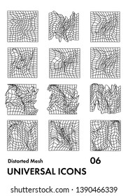 Big set of universal icons for graphic design. Distorted wireframe of grid.