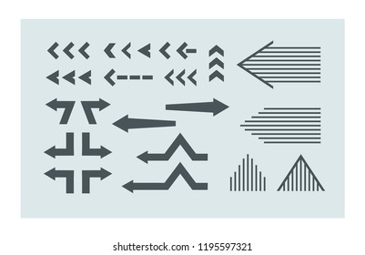 Big set of unusual arrows left ang right. Vector graphic. Flat solid pointers.