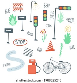 big set of urban elements flat simple cartoon style hand drawing. cars, roads, traffic lights. vector illustration