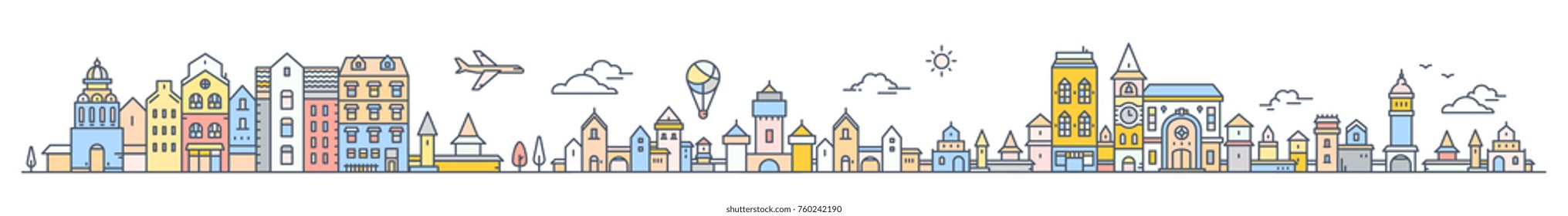 Big set of urban european city with tree, cloud, air balloon and air plane. Vector colorful illustration of panorama of city landscape on white background. Thin line art design for horizontal banner