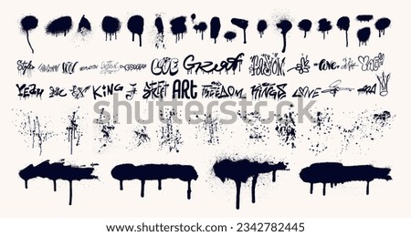 Big set of urban typography street art graffiti slogan, drops, splatter print with spray effect for graphic tee t shirt or sweatshirt. Trend logo text design symbols. Collection of Vector illustration