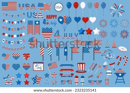 A big set for U.S. Independence Day. Bright elements, embellishment. Balloons, stars, fireworks and flags. Vector isolated on blue background