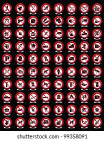 Big set of useful and unusual prohibited signs on a black background-vector