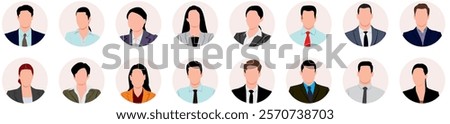 Big set of user avatar. Male and female faces. User pic, face icons for representing person in game, Internet forum, account. Unknown or anonymous person. People avatar profile icons. Flat style.