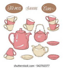 Big set utensil includes cups, teapots and plates, on white background, hand-drawn vector illustration