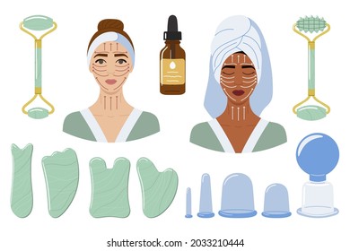 Big set of vacuum massage cups, gua sha stones and rollers are made of mint aventurine. Female black and white faces with massage lines. Beauty skin care routine. Hand drawn vector illustration.