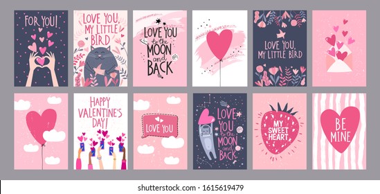 Big set of Valentine's Day card with cute cartoon cat, flowers, birds, strawberry, hearts and freestyle hand drawn lettering 